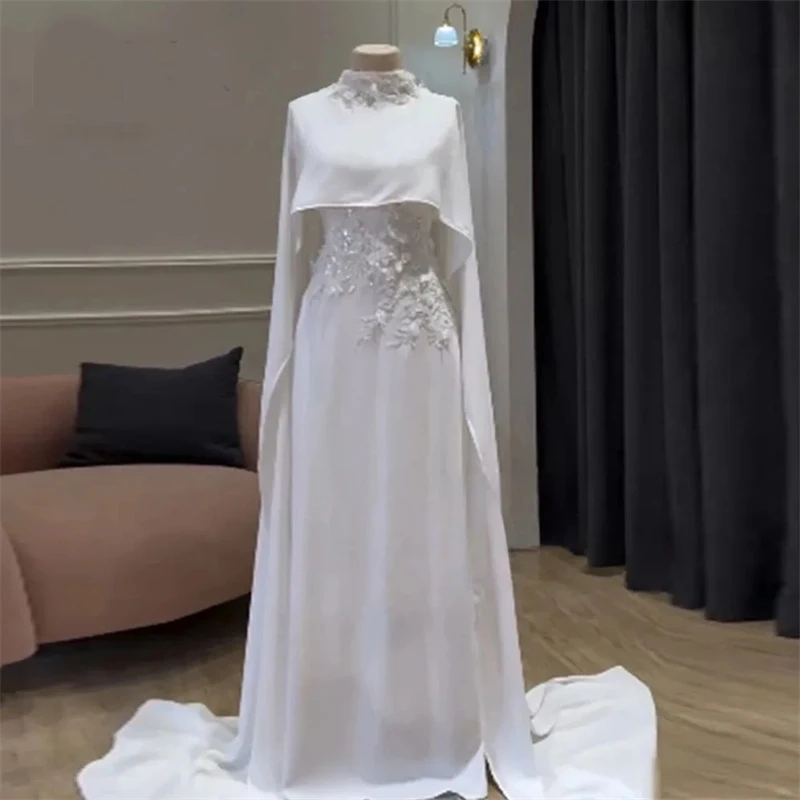 

ML Modest Arabic Wedding Dresses 3D Flowers Appliques Long Sleeves Cape Classic Bridal Gowns Customized Vestidos De Novia