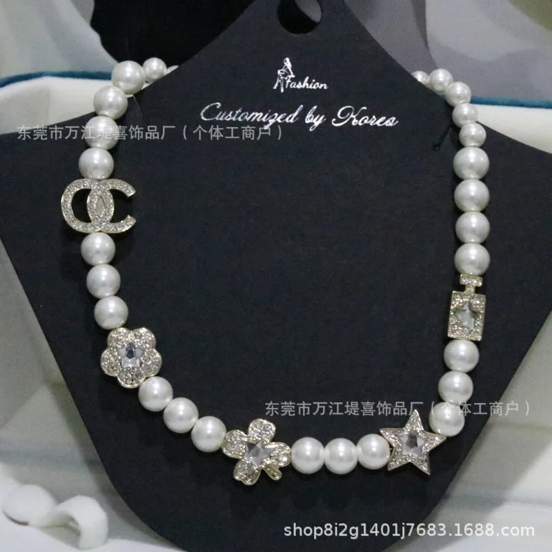 New Perfume Bottle Multi-element Beige Diamond-encrusted Camellia Pearl Five-pointed Star Diamond Necklace in Stock
