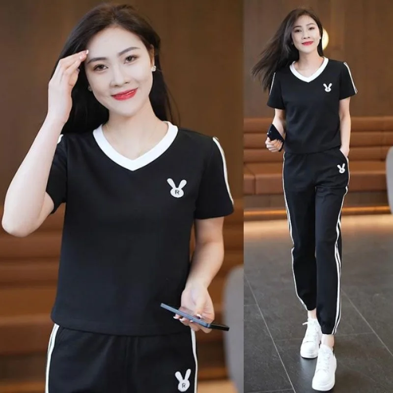 Leisure Sports Set for Women\'s 2024 New Korean Summer Style Fashionable Short Sleeved Wide Leg Pants Two Piece Set