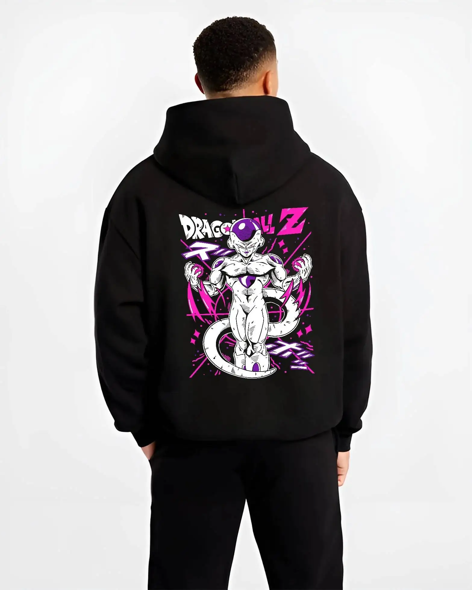 Dragon Ball Z Anime Frieza Preto Moletom Roxo Branco Personagem Impressão Ação Pose Design Manga Estilo Moletom com Detalhe da Cauda