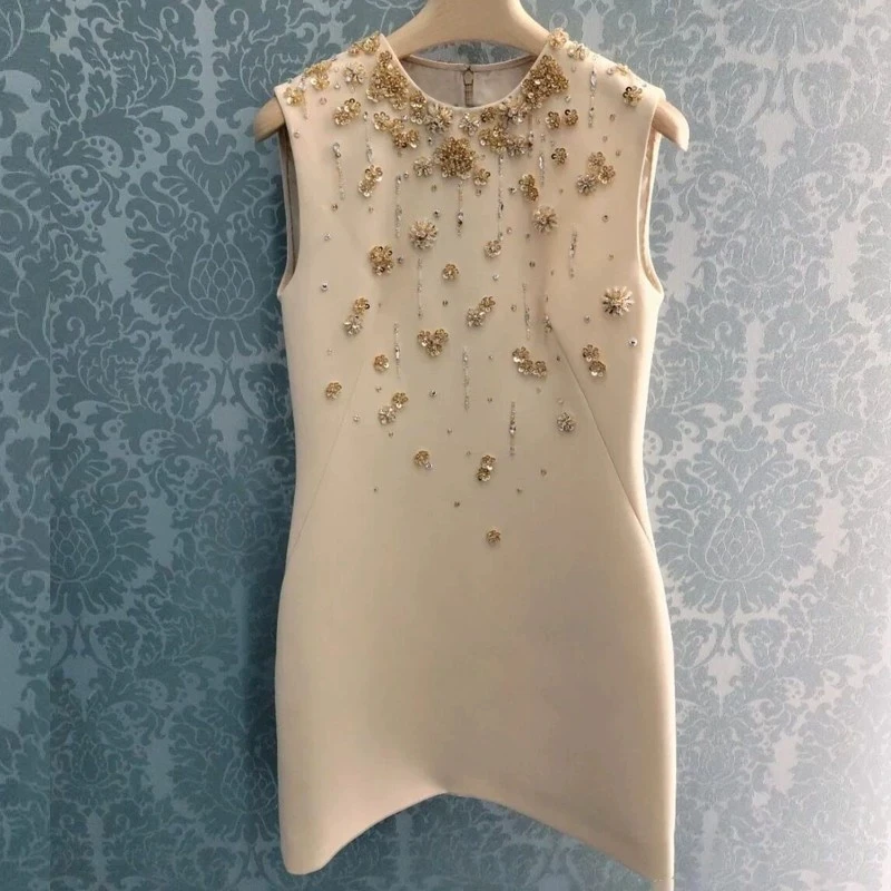 

Luxurious Apricot Foramal Dress Womens Fashion O Neck Sleevelss Short Women Dress Crystals Beads Vestidos 52104