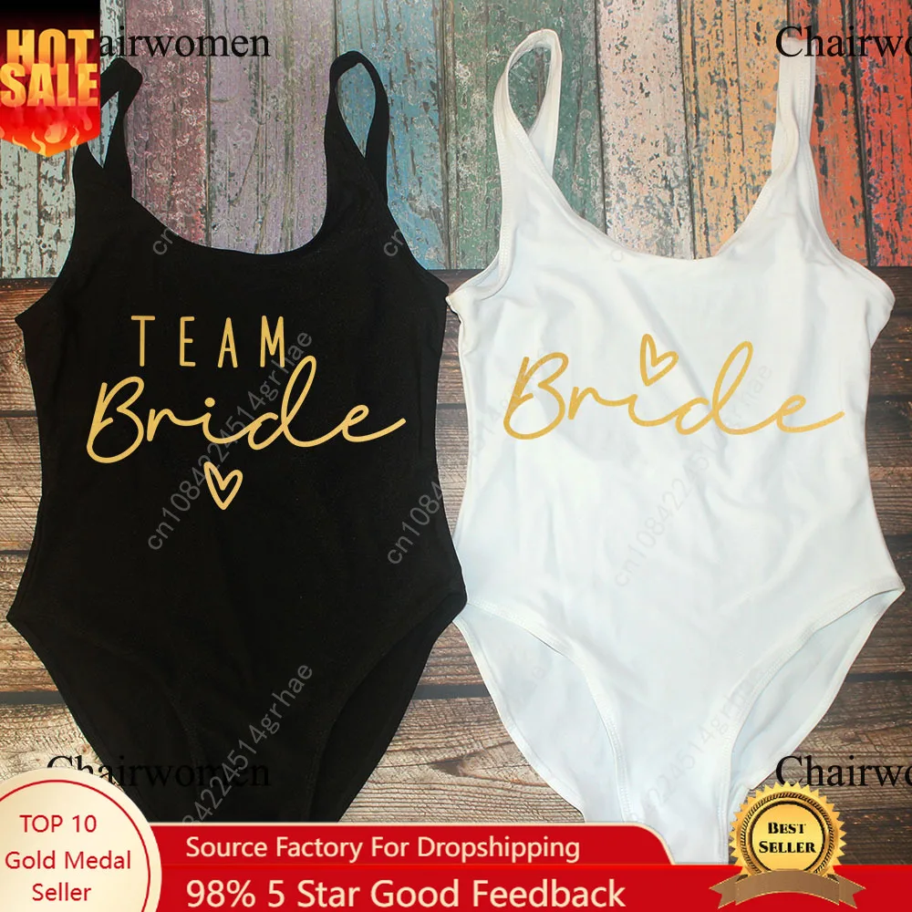 

S-3XL Gold Print Team Bride One-Piece Swimsuit Women Swimwear Bachelorette Party Swimsuit White Bridal Squad Bathing Suit
