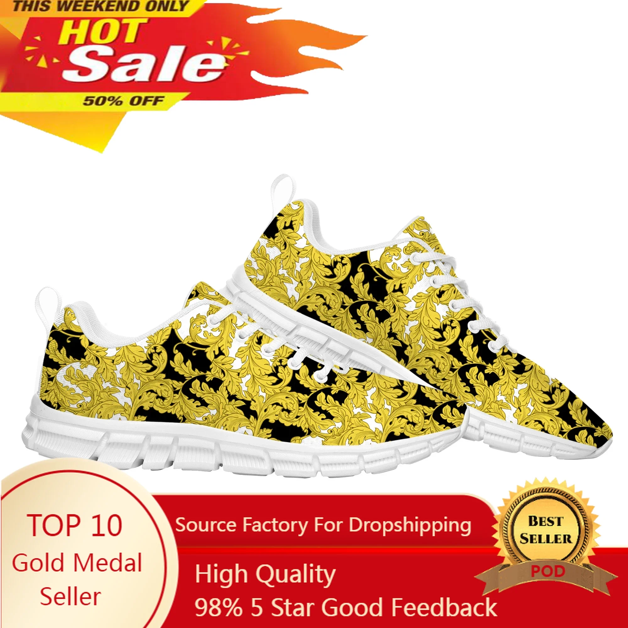 

Luxury Golden Floral Prints Sports Shoes Mens Womens Teenager Kids Children Sneakers Baroque European Casual Custom Couple Shoes