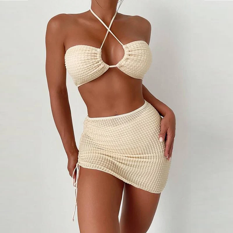 3 Piece Bikini Suit Beige Color Sexy Hang neck Swimwear Female Side Draw rope Skirt Women Beach suit