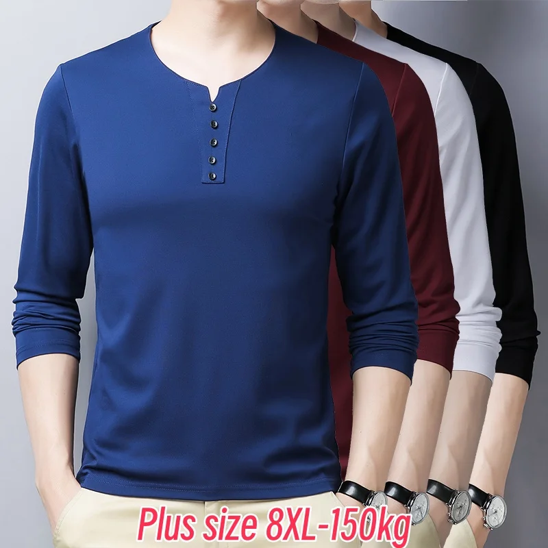 8XL 150kg Plus Size Men Cotton Clothes 2025 Spring Large Size Button Tops  Long Sleeve Oversize Shirt Fat Male V-Neck Tee Shirts