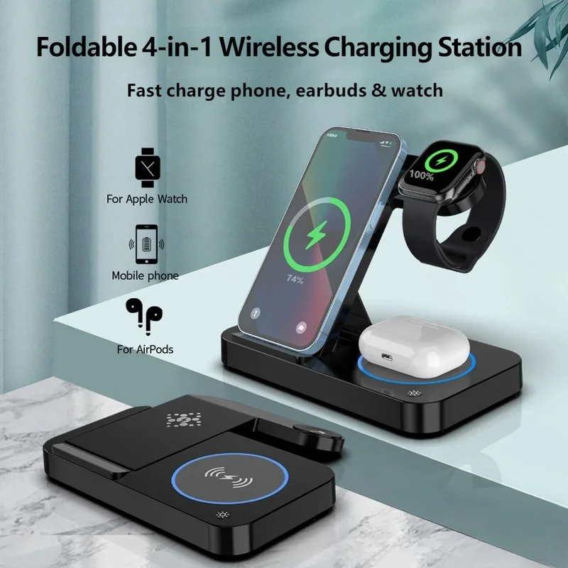 4 in 1 Folding Wireless Charger Station Fast Charging Dock for Phone Watch Earbuds Multifunction Stand Qi-Certified