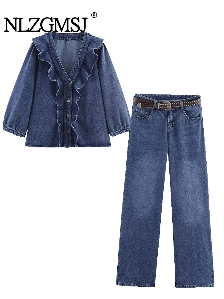 

NLZGMSJ Casual Women Denim Suit Stacked Decoration V-Neck Single Breasted Loose Top Zipper Belt Pants Fashion 2025 Autumn Suits