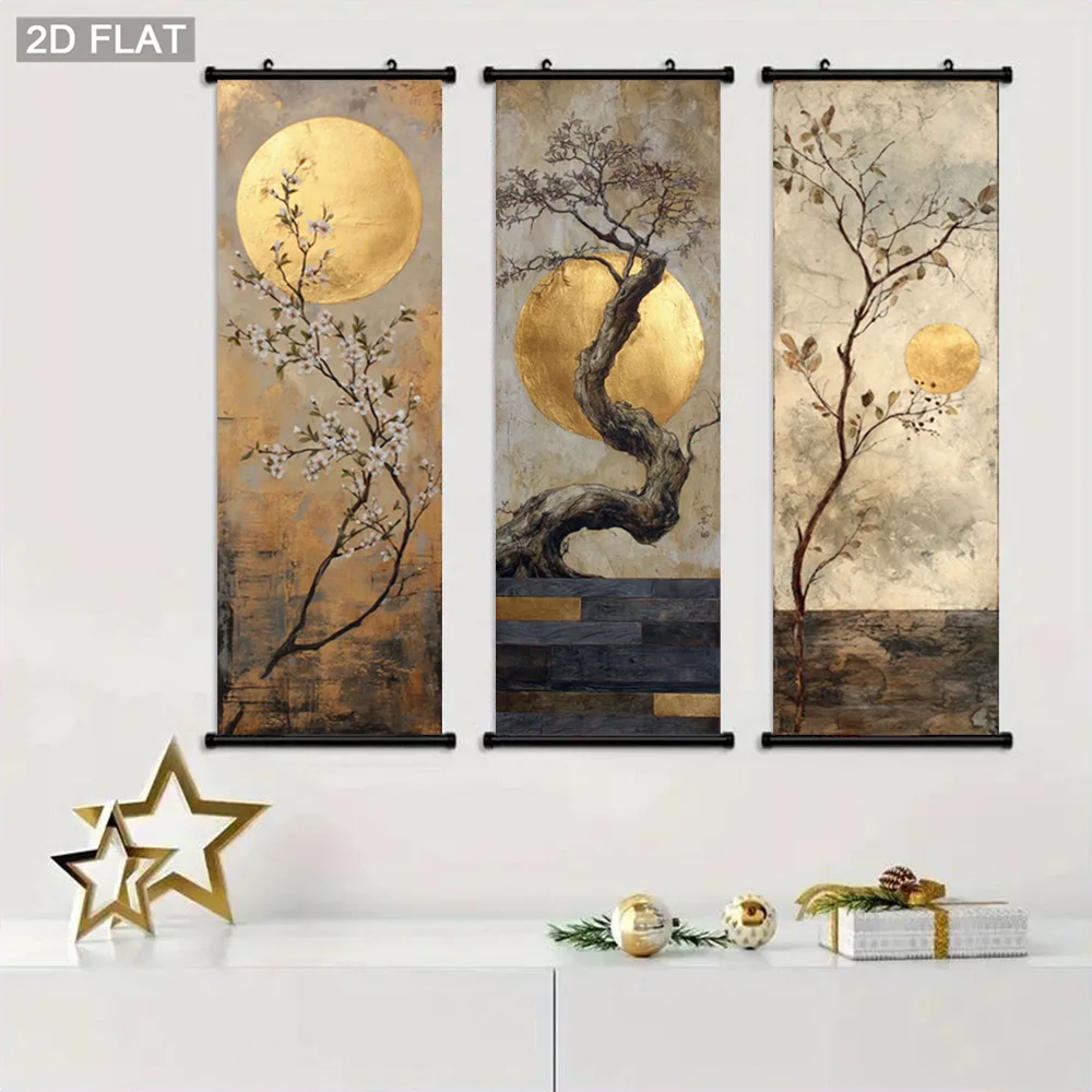 VIKAMA Qushu Jinyue Scroll Tapestry, Vintage Plum Blossom Wabi Sabi Hanging Poster, Wall Art for Living Room Decor
