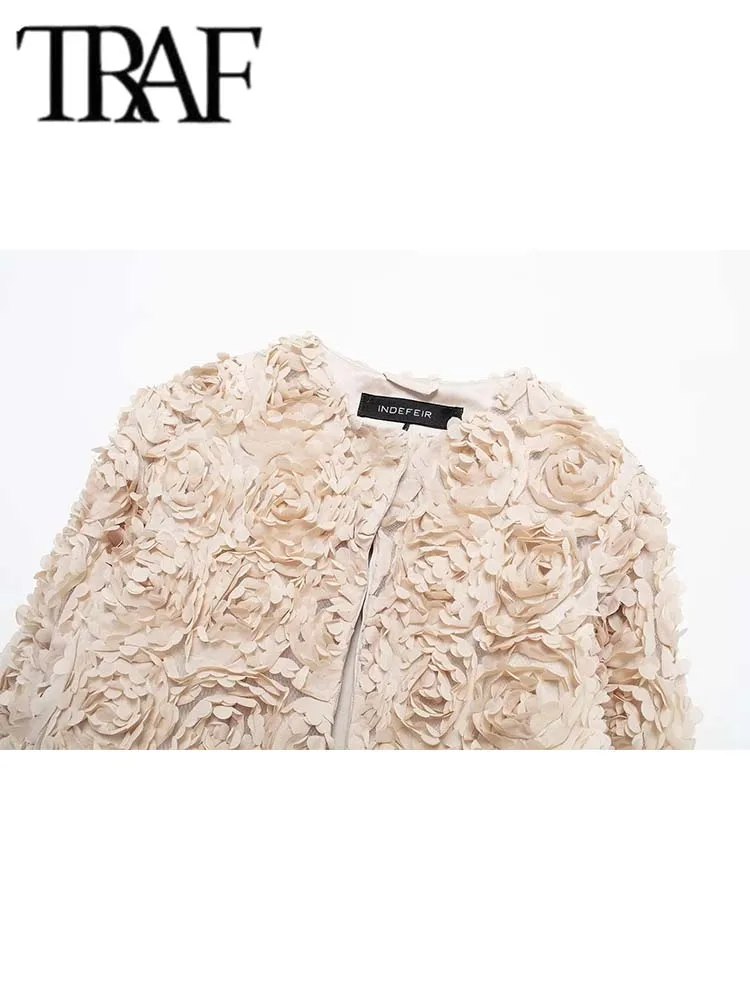 TRAF 2024 Autumn Women Jacket Short Casual Textured Flower Elegant Jackets Women Fashion Long Sleeve Streetwear New Outerwear