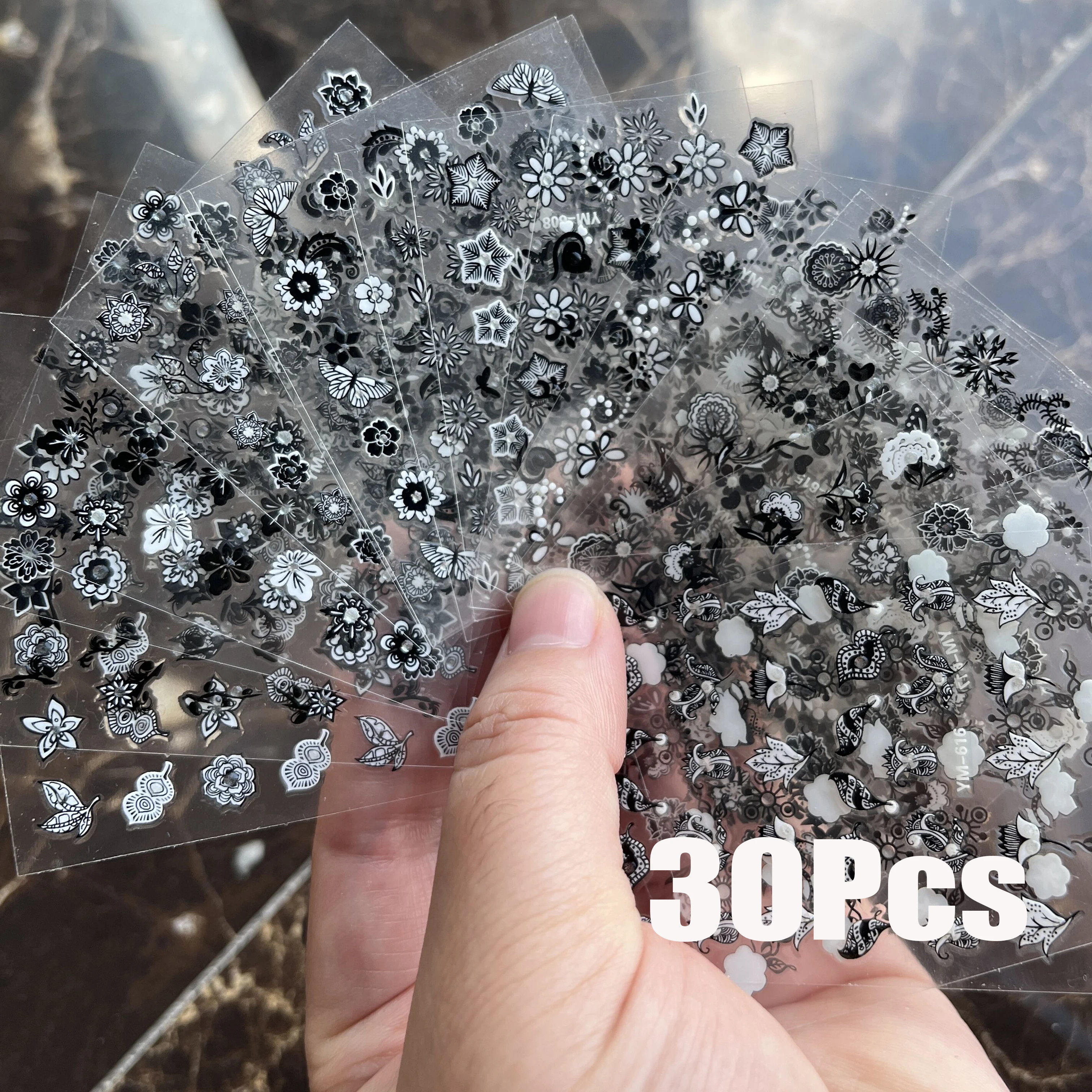 30Pcs Diamond Black Flowers Nail Art Stickers Random 3D Transparent Black Floret Set Decals Bohesia Mini Flowers Manicure Decor