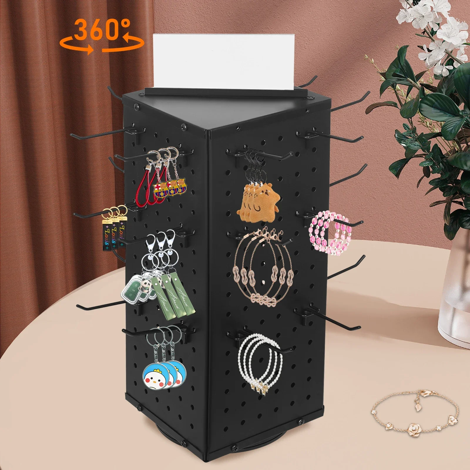 360 °   Stand Display Pegboard Berputar - Organizer Kerajinan 4 Sisi dengan 24 Kait - Rak Penyimpanan Baja Modern 17 Inci untuk Rumah & Kantor