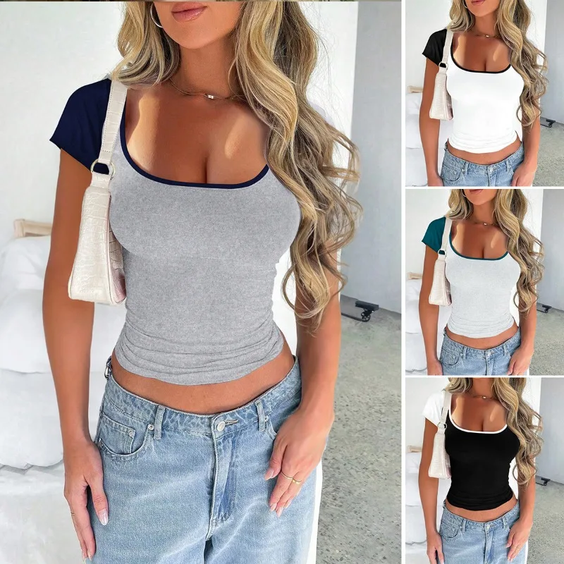 

The 2025Spring/Summer New Fashion Elegant European American Y2K Sexy Slim U-neck Contrasting Color Short-sleeved Women's T-shirt
