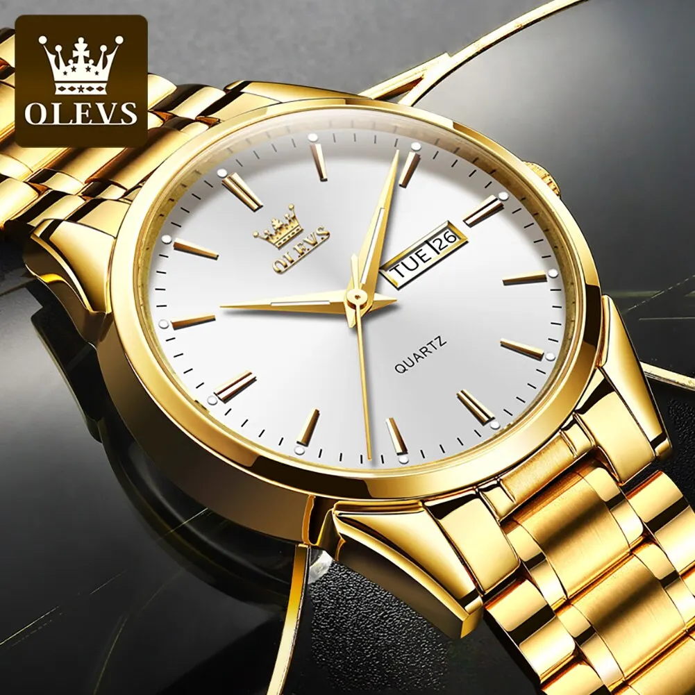 Ollevs Klassieke Gouden Polshorloges Voor Topmerk Luxe Business Date Waterdicht Lichtgevend Roestvrij Staal Heren Quartz Polshorloge