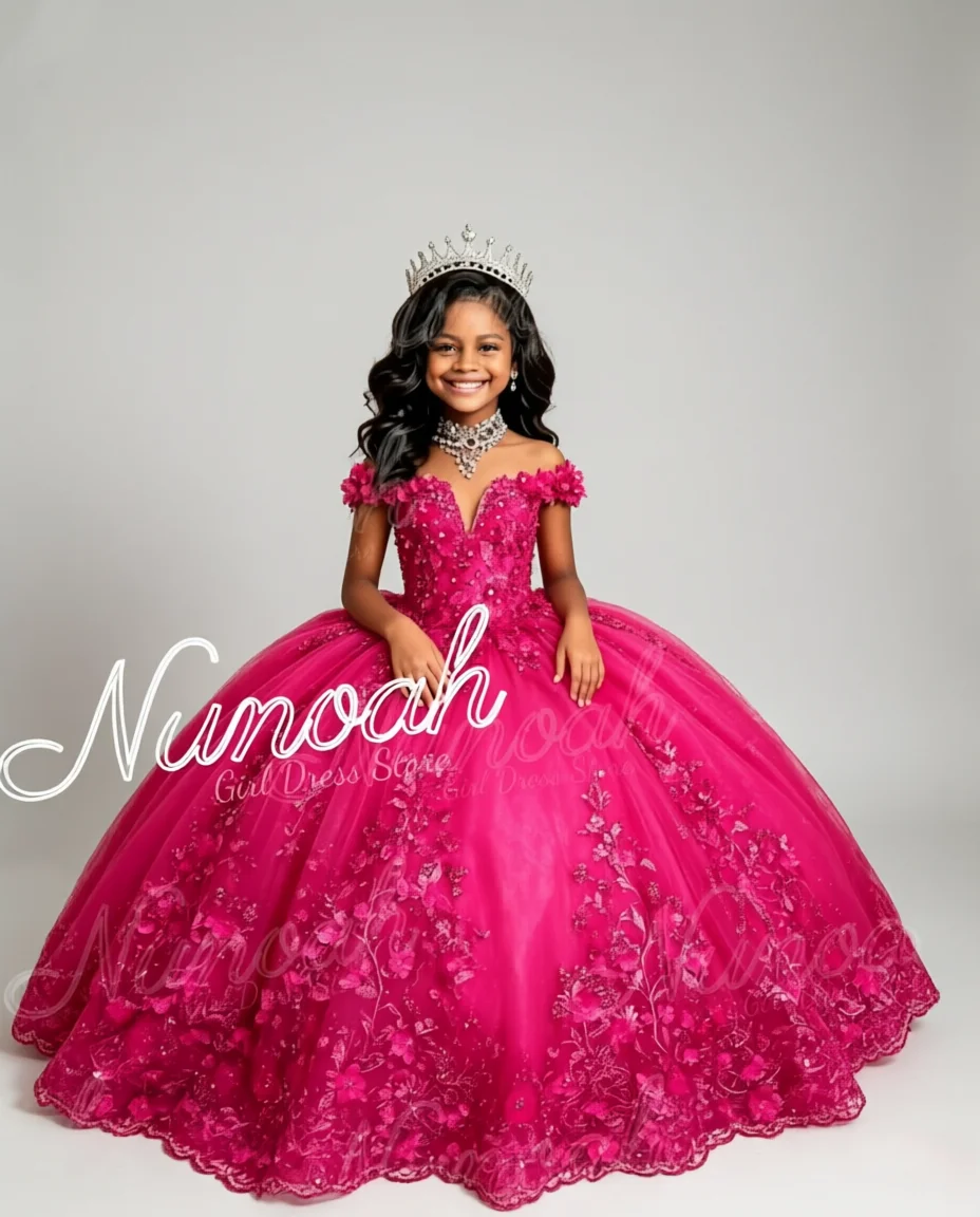 Luxury Pink Flower Girl Dresses for Wedding Floral Lace Appliques Floor Length Kids Birthday Pageant Gown First Communion Gowns