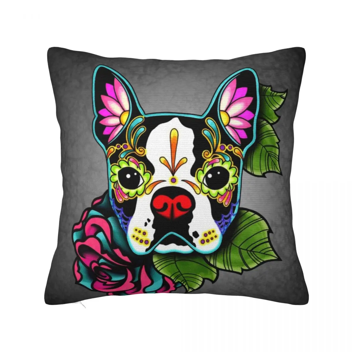 

Boston Terrier in Black - Day of the Dead Sugar Skull Dog Throw Pillow home decor items Embroidered Cushion Cover