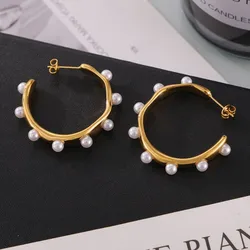 Elegant Inlaid Shell Beads Stainless Steel Hoop Earrings For Women Gold Silver Color Waterproof Women's C Shape Stud Earring