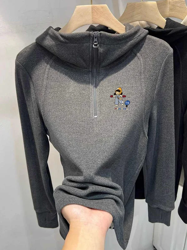 Felpa Invernale con Design Cartoon, Doppio Strato in Velluto, Manica Lunga, con Zip e Cappuccio, Stile Coreano