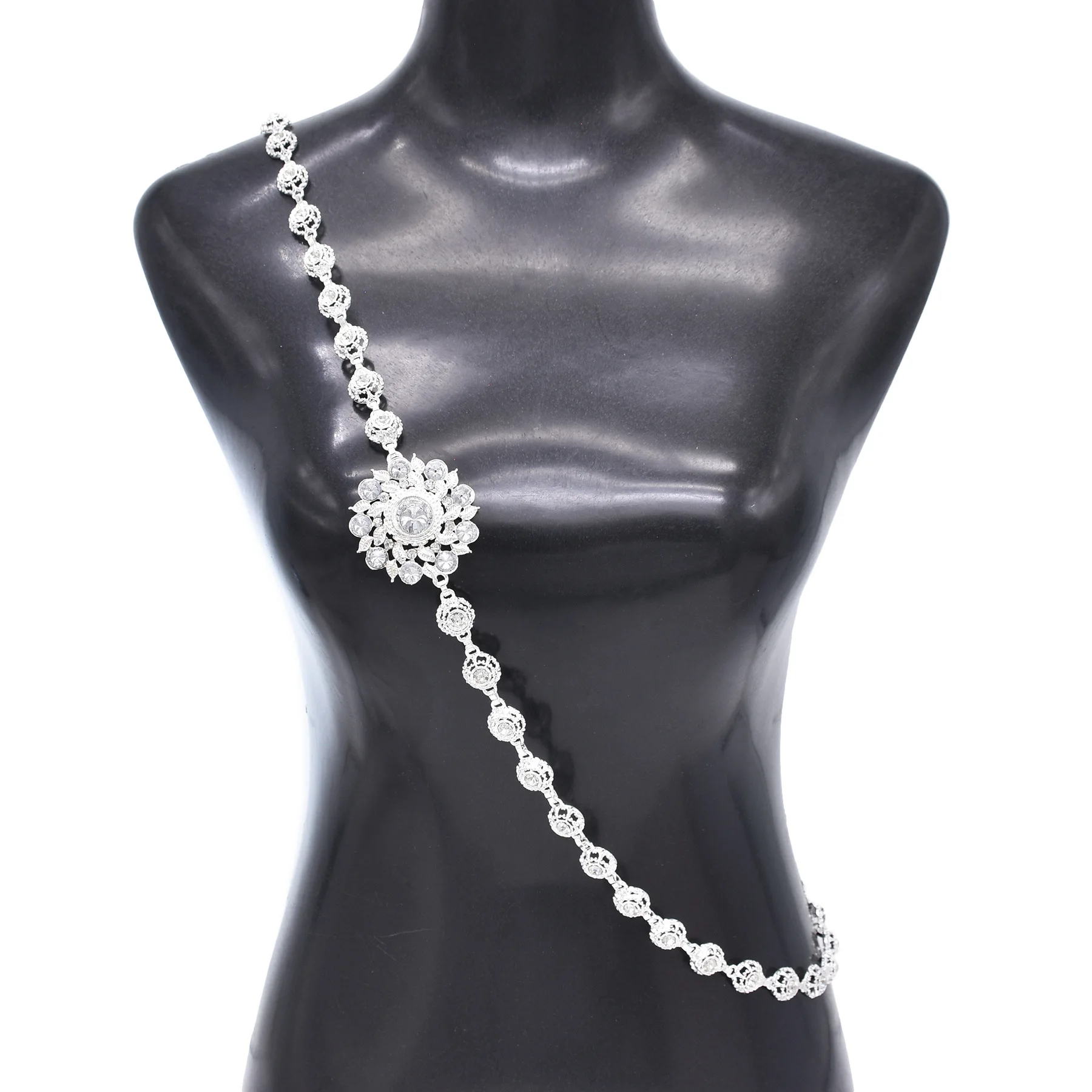 Gümüş Kaplama Altın Metal 3D Hollow Kristal Çiçek Omuz Zinciri Vücut Zinciri Arap Gelin Düğün Parti Çapraz Hindistan göbek takısı