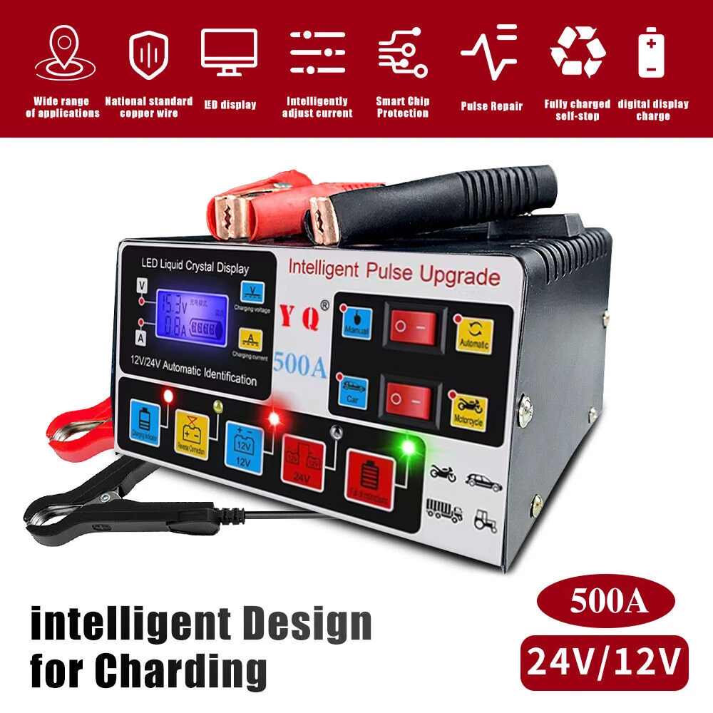 500A High-Power Car Battery Charger 12/24V Intelligent Pulse Repair LCD Digital Display Full-Automatic Self-Stop Battery Charger