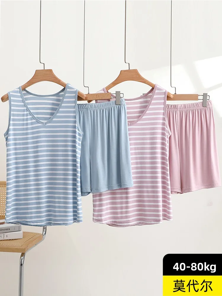 

Loose Modal Stripe Vest Set Women Summer Home Sleeveless Thin Large Size Sleepwear Two-Piece Set V-Neck Comfortable Breathable