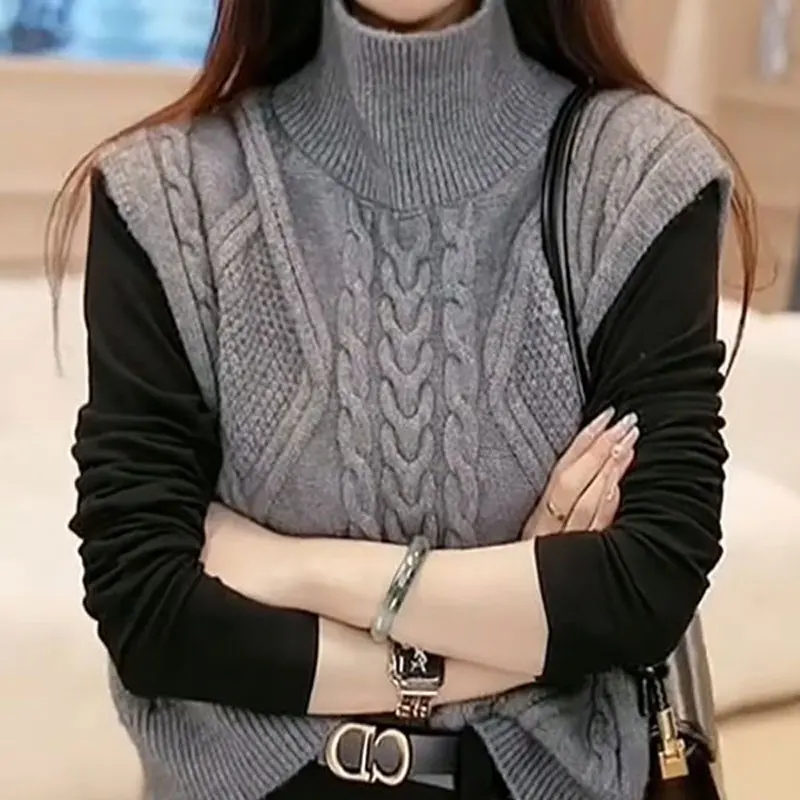 

Vintage Casual Turtleneck Sweater Vest Female Clothing All-match Solid Color Autumn Winter Korean Sleeveless Knitted Jumpers New