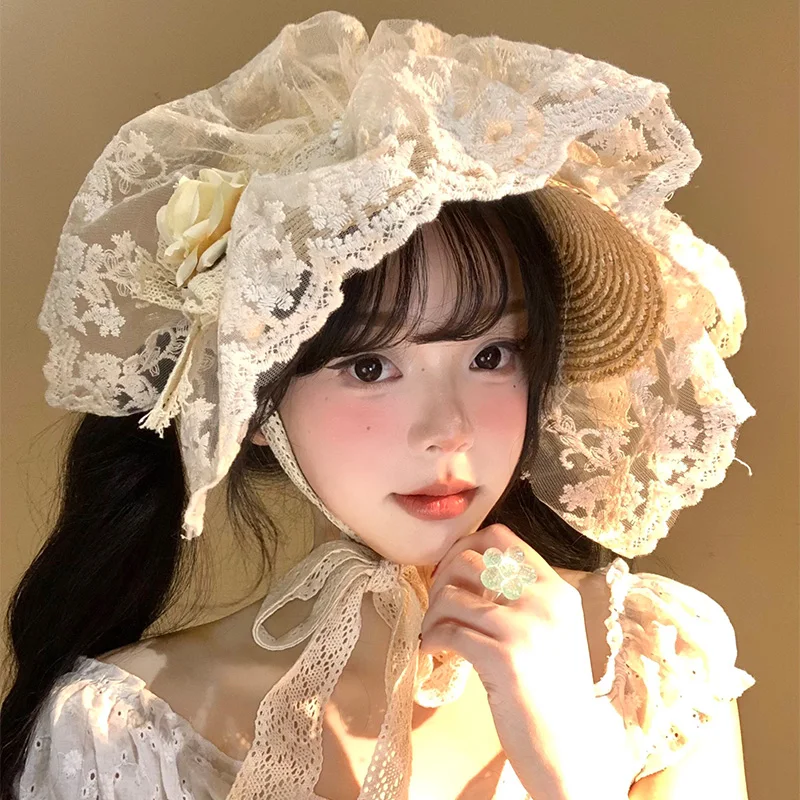 

Korean Version of Sweet Niche Lolita Princess Hat Women's Spring and Summer Lace Woven Sunshade Sunscreen Lace-up Sun Straw Cap