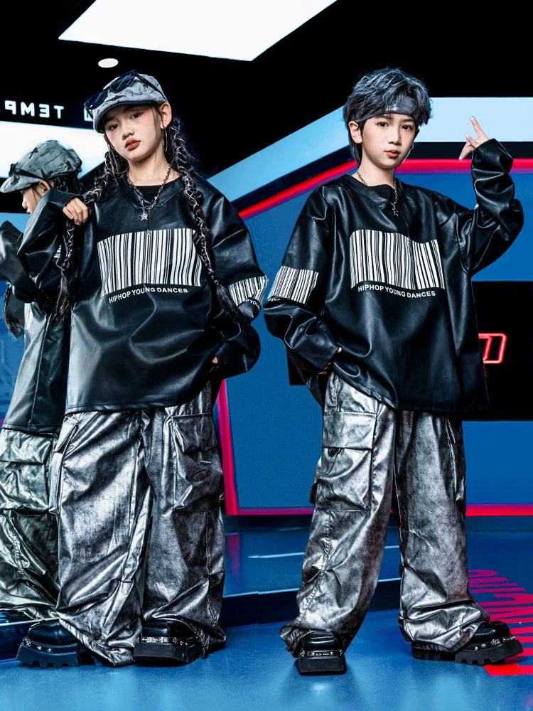 Ropa de Hip Hop Kpop para chico, sudadera de piel sintética negra, pantalones Cargo de paracaídas con tinte plateado para niña y niño, trajes de baile, ropa