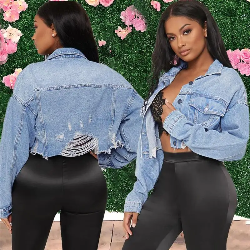 

Traceable ZT6064 Denim Jaet orts with Hole Wi Men's Jaet Loose Fit Long Sve Pure Color Spring Summer Faion