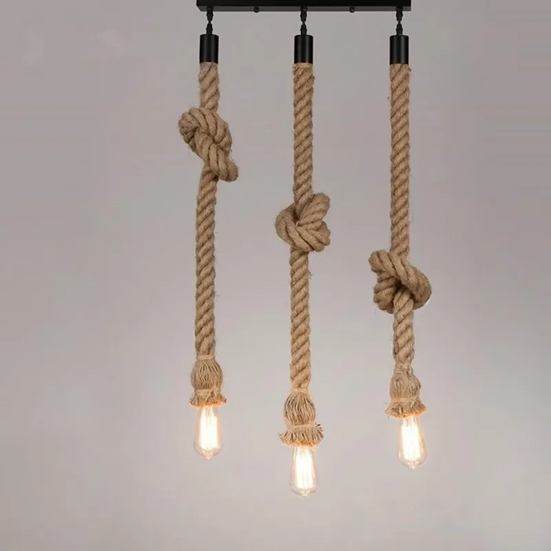 Style E27 Retro Three Head Hemp Rope Pendant Lamp Bulb Holder Hanging Light Fixture For Country Home Decor