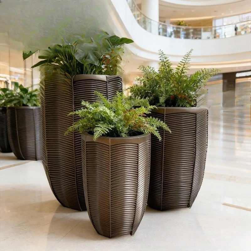 Fiberglass woven pattern floor-to-ceiling large flower pot, shopping mall hotel lobby flower ware sales office, outdoor
