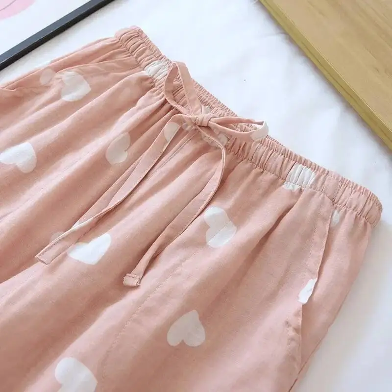 الحب القلب الطباعة القطن باما السراويل للنساء أربعة مواسم مع الجانب بوك المنزل رقيقة تكييف الهواء السراويل