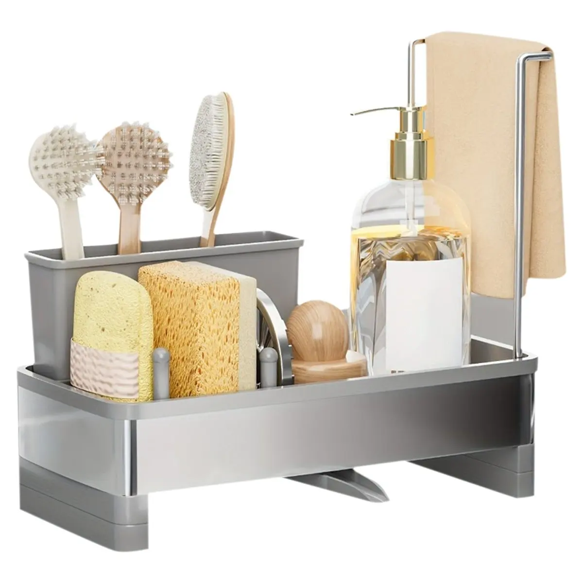 A95G Stainless Steel Sponge Rack with Drain - Multi-Functional Kitchen Bath Storage Box for Cleaning Supplies Towels Brushes Gre