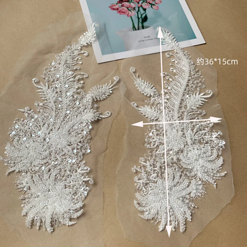 1Pc Sequins Embroidery Lace Appliques For Wedding Dresses Rhinestone Lace Applique Patches Embroidery Ropa 36*15CM