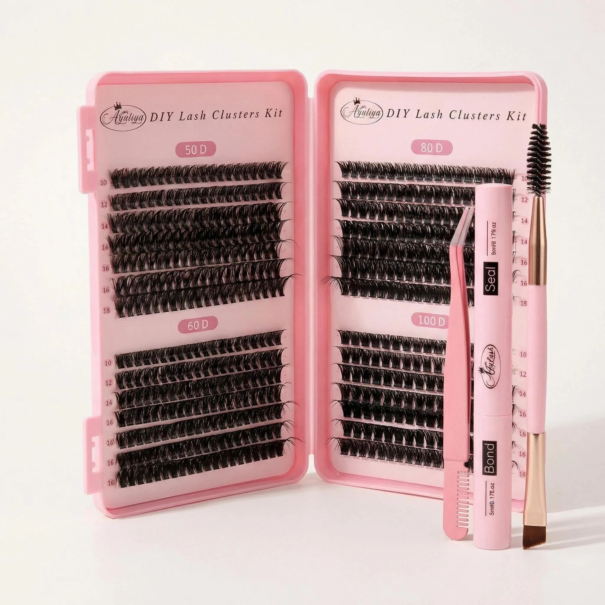 Wimpern-Cluster-Set 50D+60D+80D+100D 10-18mm Volumen-Wimpernverlängerungen D-Curl Einzelwimpern mit Wimpernkleber und Versiegelungswerkzeug