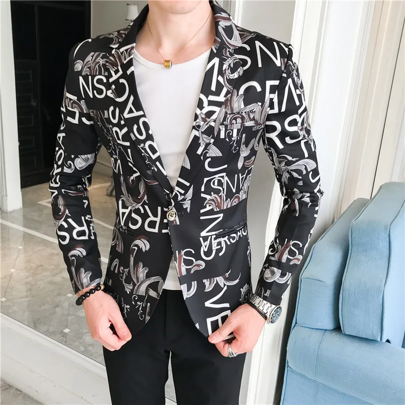 2022 spring and autumn men\'s personality trend printing slim button suit trendy small suit jacket men