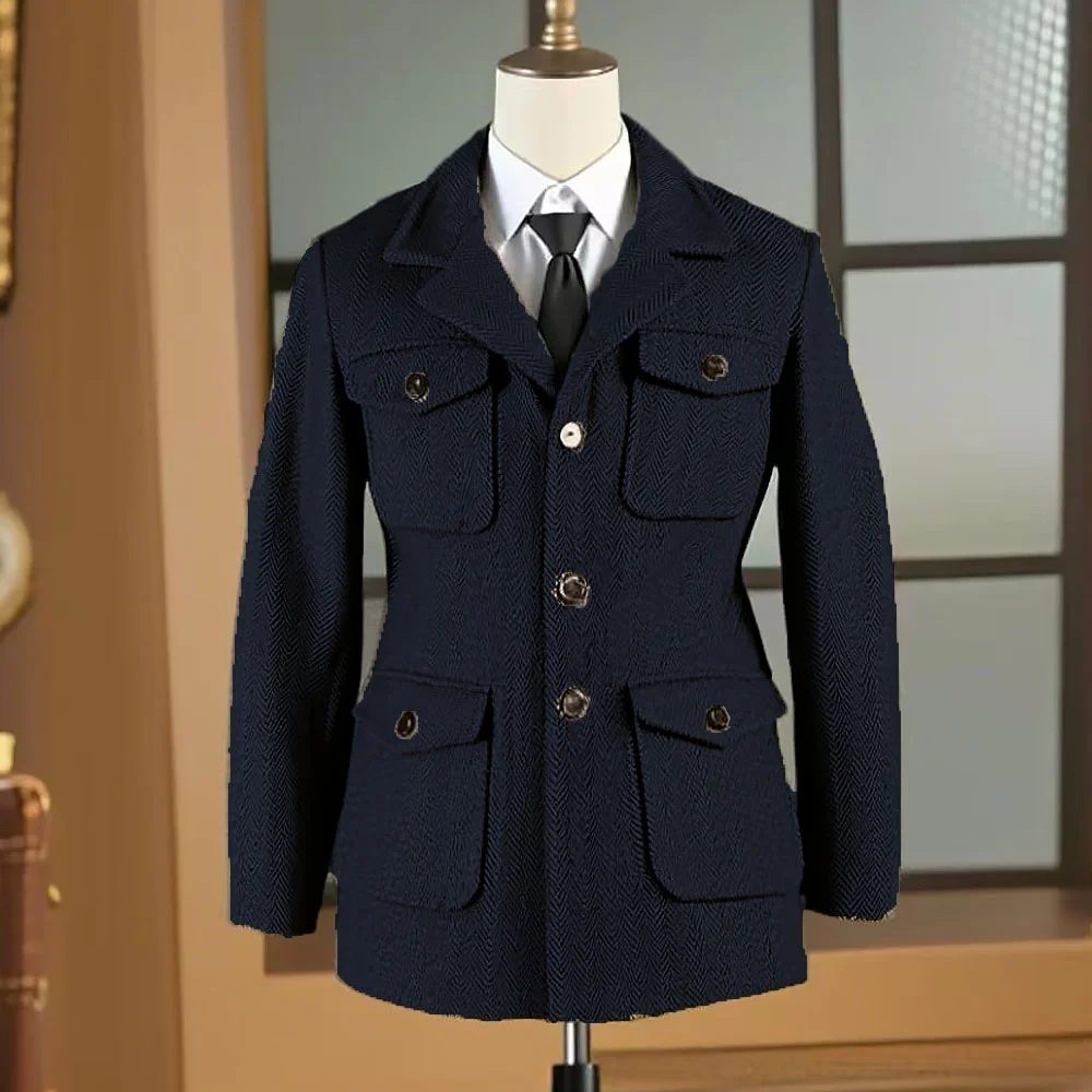 Hunting jacket British Men's Retro Multi-pocket Sport Coat With Belt Herringbone Business Causal Lapel Suit Blazers Tuxedos