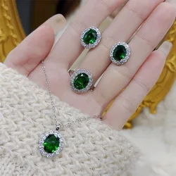 Luxury 925 Sterling Silver Oval Green Emerald Gemstone Ring Earrings Necklace Jewelry Sets for Women Wedding Bridal Cute Girl