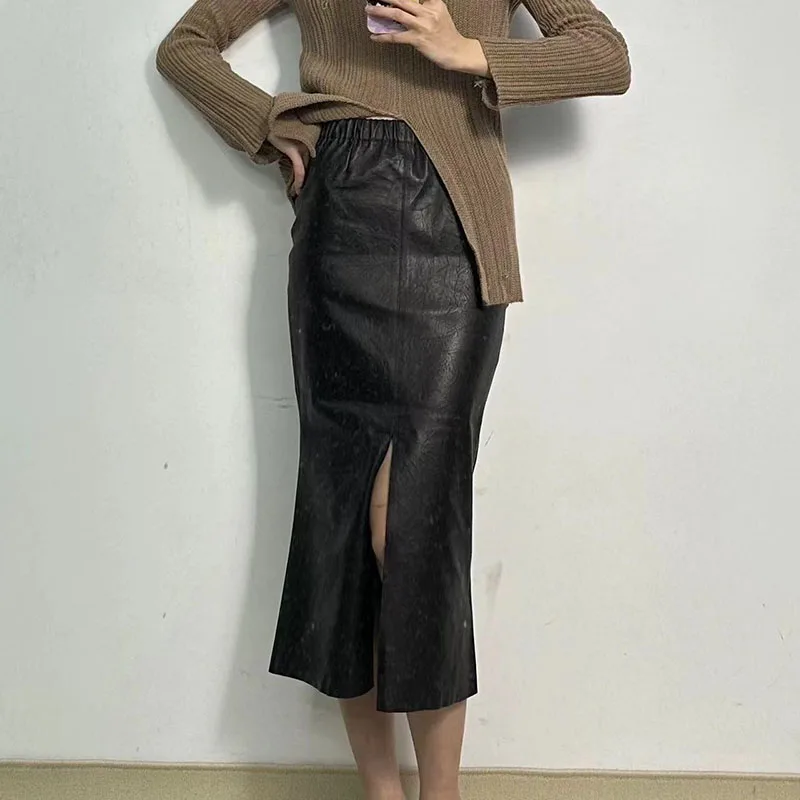 White Stretch Leather Skirts for Women Spring Autumn High Quality Sheepskin Midi Waist Wrap Hip Fishtail Skirt Split Jupe Longue