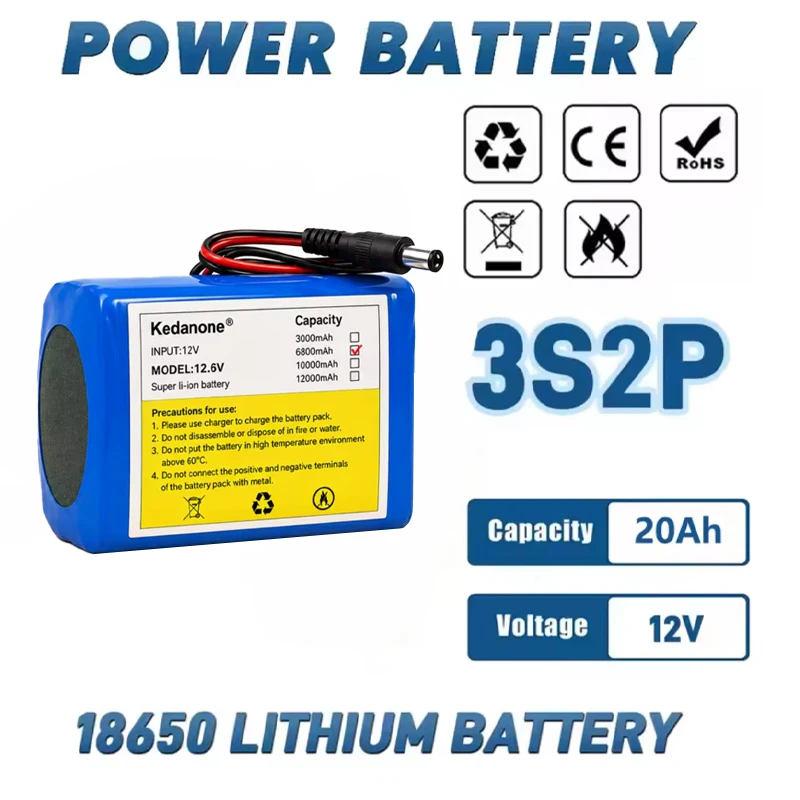Pacco batterie al litio 18650, 12V 20Ah, ricaricabile e portatile, fornito con caricabatterie dedicato da 12,6V, compatibile con amplificatori audio.