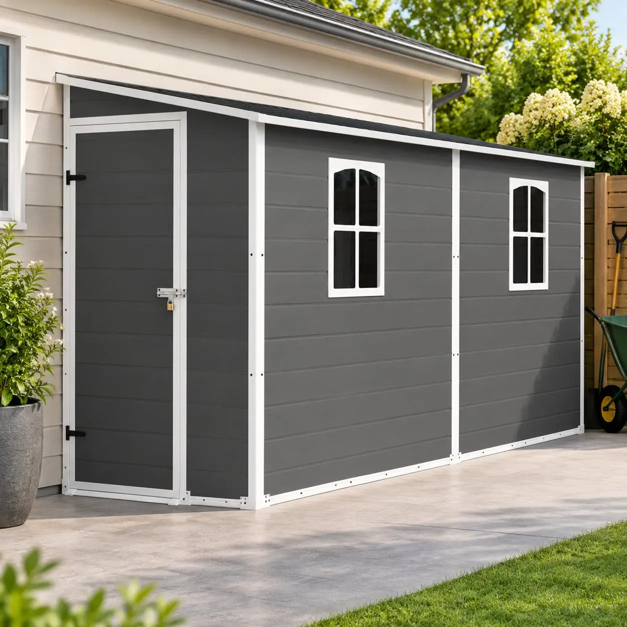 10x4 FT Resin Storage Shed with Floor Base, Lean-to Outdoor Plastic Garden Shed with Metal Roof, Single Lockable, Customized