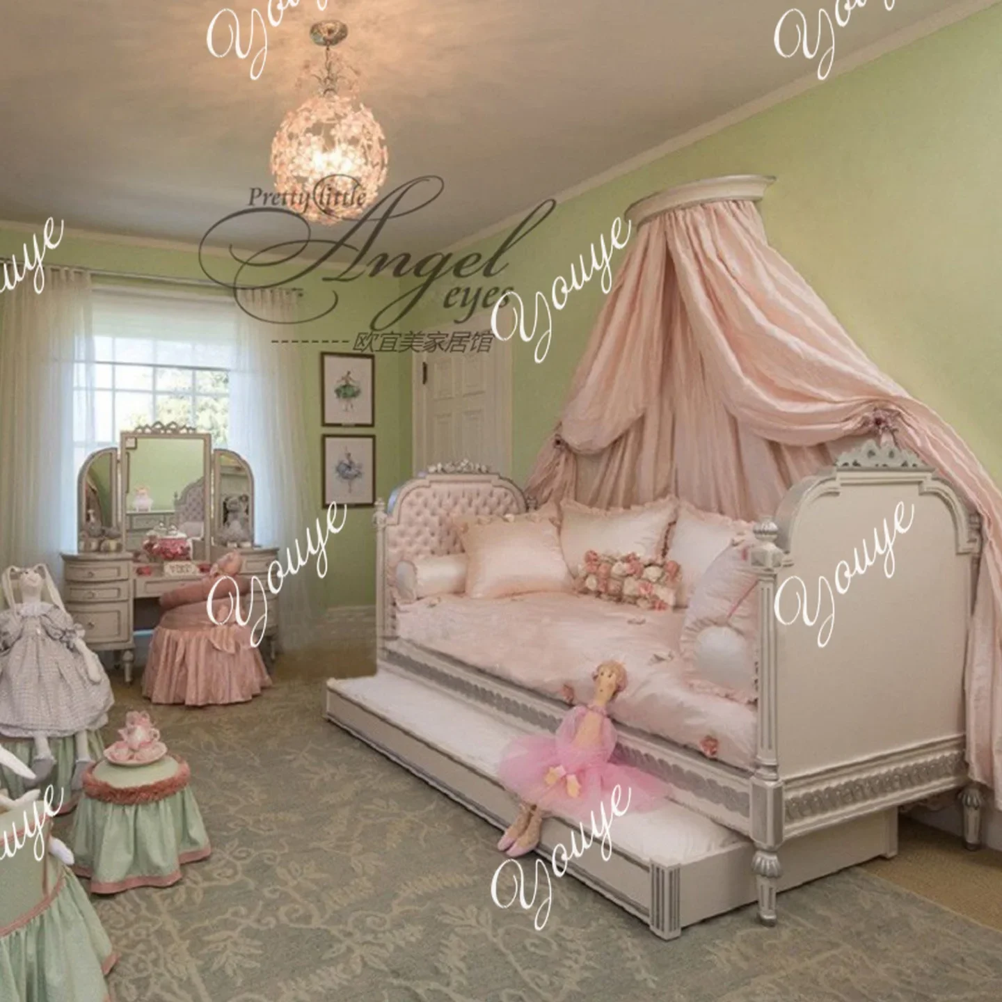 N63 Girl Bedroom Princess Bed French Solid Wood Engraved Bow Children's Single Bed Storage Trailer Custom Double Bed