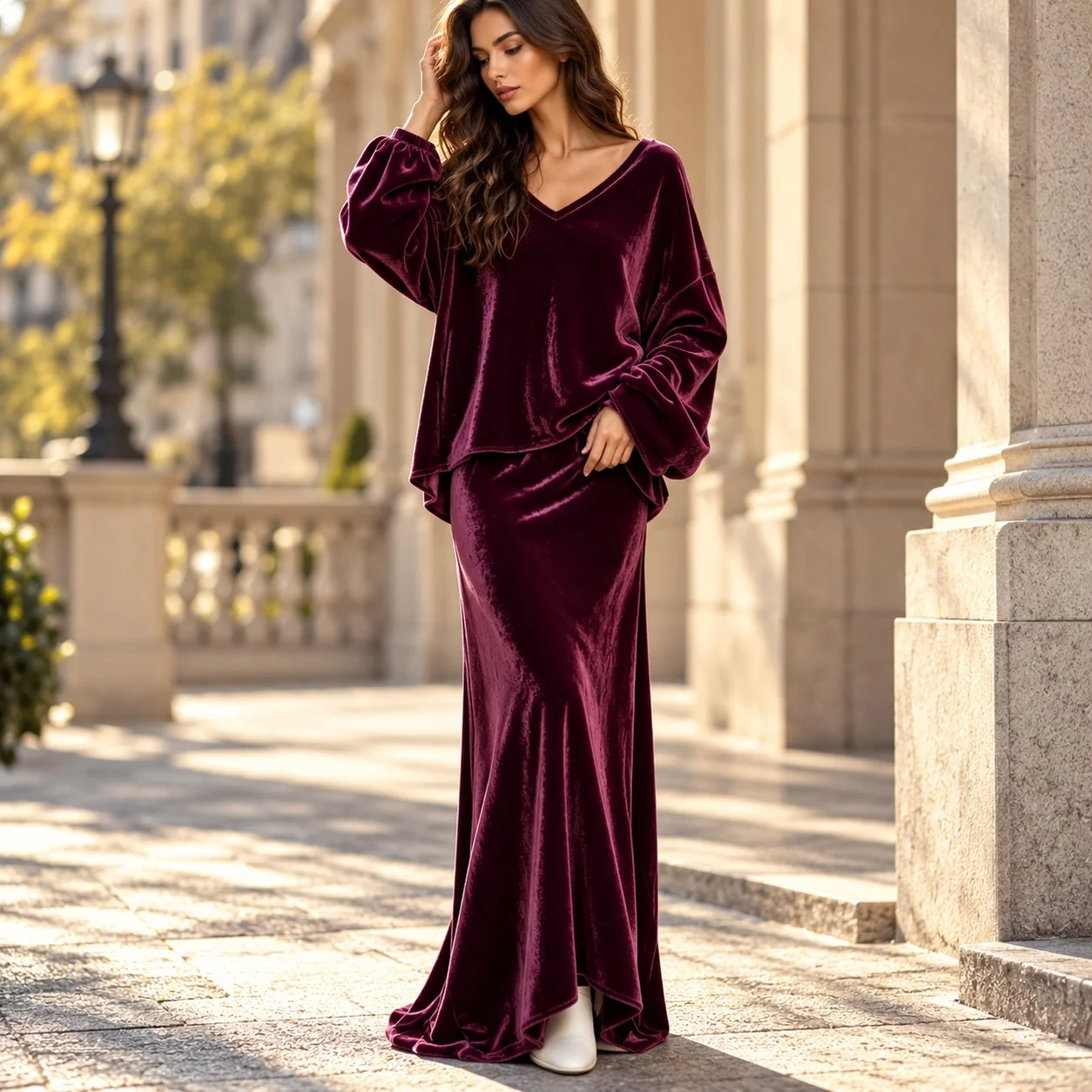 Two Set V Neck Long Sleeve Maxi Length European and American Style Elegant Women Sets with Autumn Long Skirt Commuter Chic