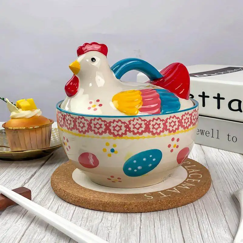 Colorful Rooster Shaped Ceramic Bowl with Lid Creative Food Storage Container for Kitchen household rice bowl fruit salad bowl