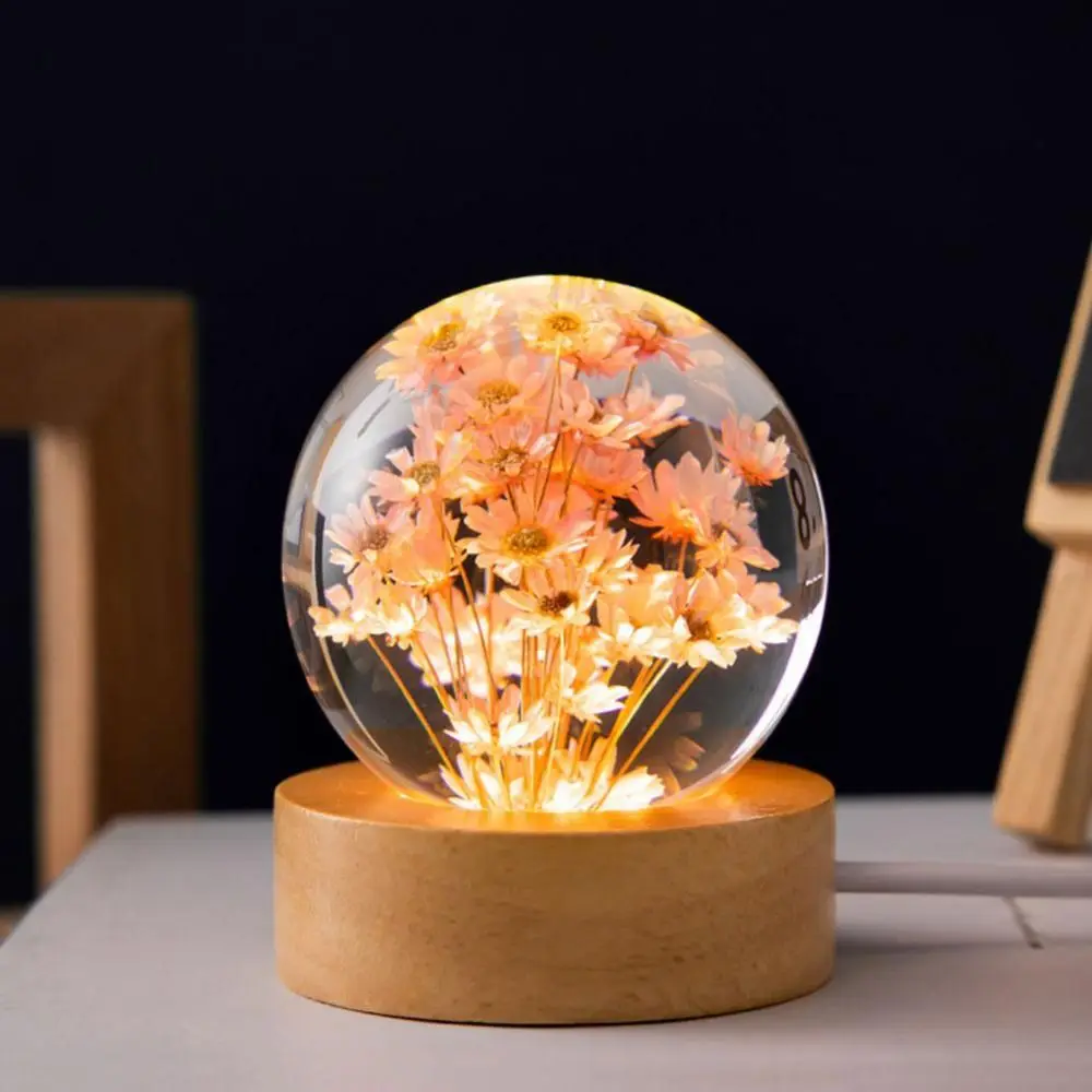 Lámpara de noche de flores eternas para decoración de dormitorio, Base iluminada de madera, bola de cristal, redonda, decoración del hogar