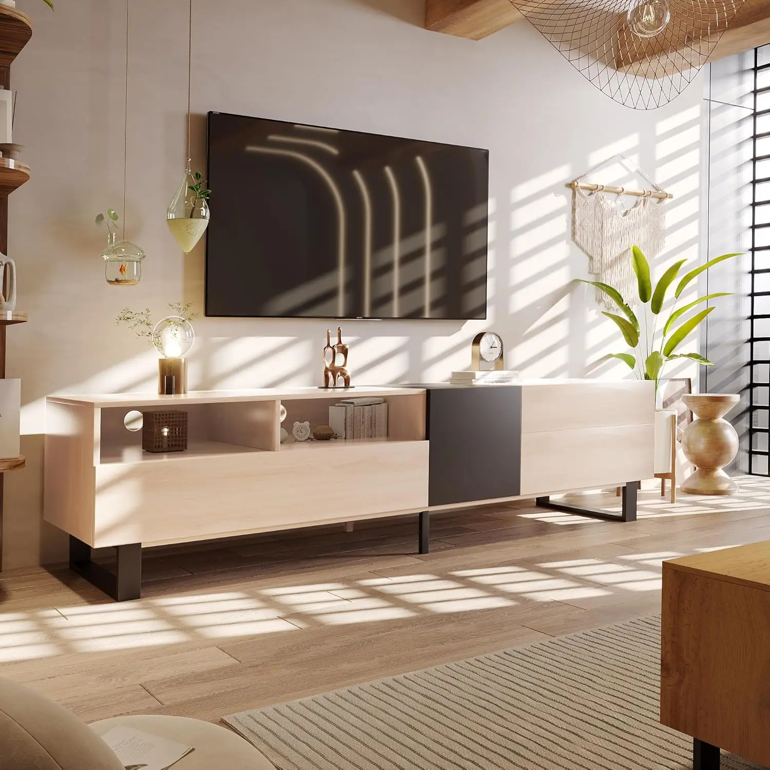 Meuble TV moderne avec 3 armoires et étagères ouvertes, centre de divertissement en bois pour téléviseurs jusqu'à 80'
