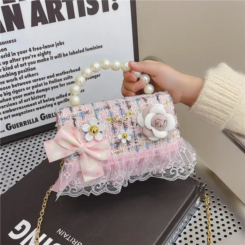 Lovely Flower Plaid Baby Girls Handbag Fashion Lace Tassel Kids Princess Shoulder Bag Chain Crossbody Bags Children's Coin Purse