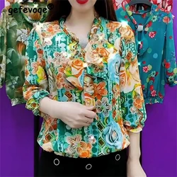 Women Fashion Ruffles Bow Rhinestone Floral Print Blouses 2024 Summer Casual Three Quarter Sleeve Shirt Loose Tops Ropa De Mujer