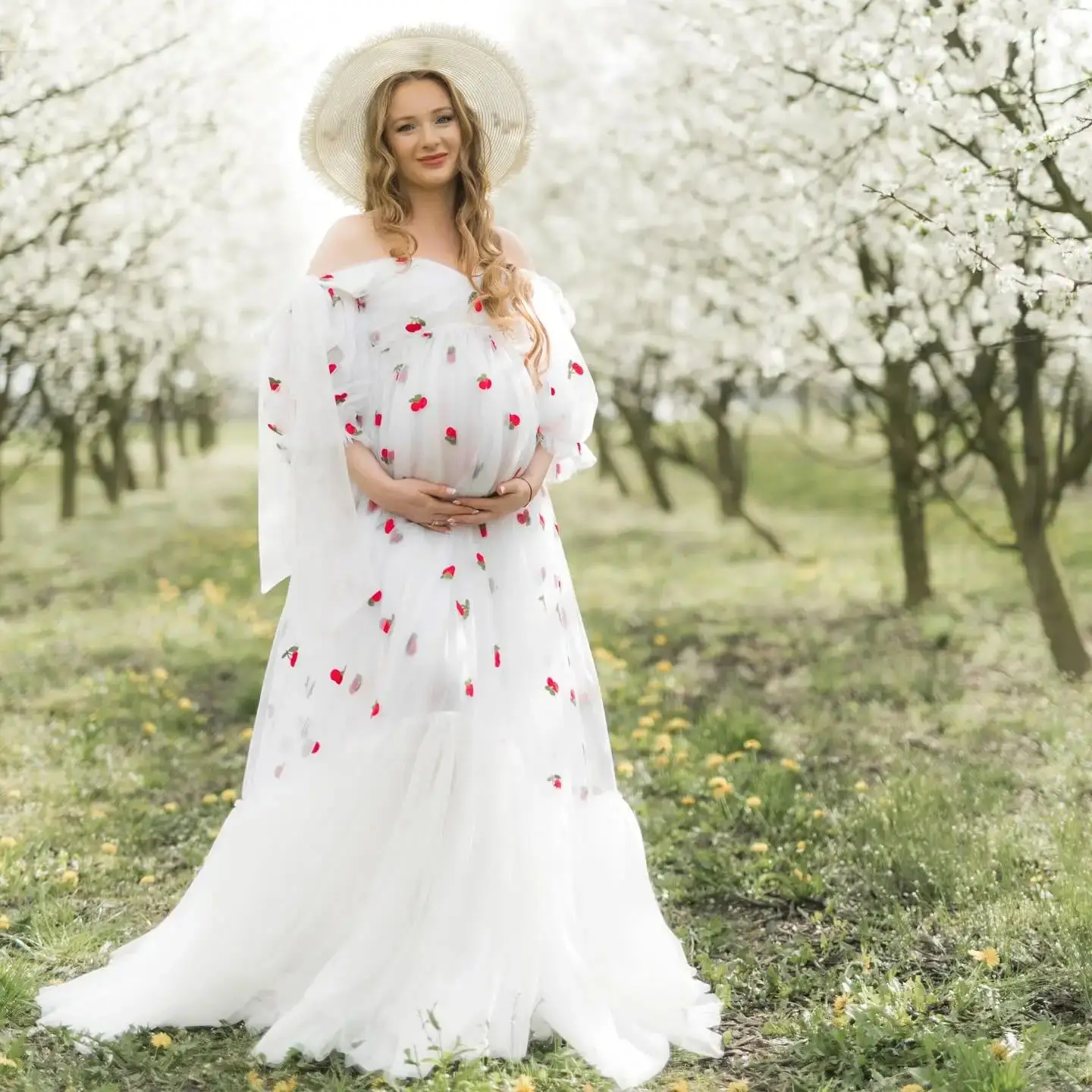 Vintage White Maternity Robes for Photoshoot Off Shoulder Cherry Embroidery Pregnant Women Gowns Sweep Train Baby Shower Dresses