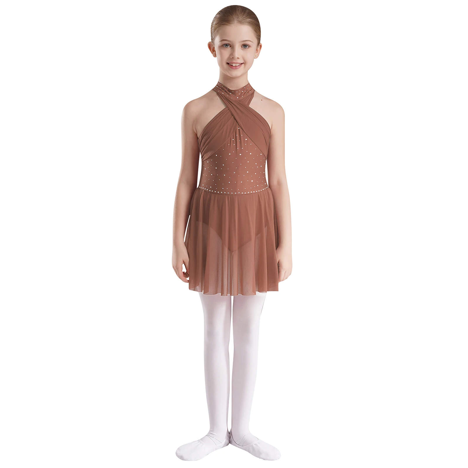 Kids Figure Ice Skating Dress for Girls Rhinestones Sleeveless Gymnastics Leotard Ballet Tutu Dress Ballroom Competition Costume