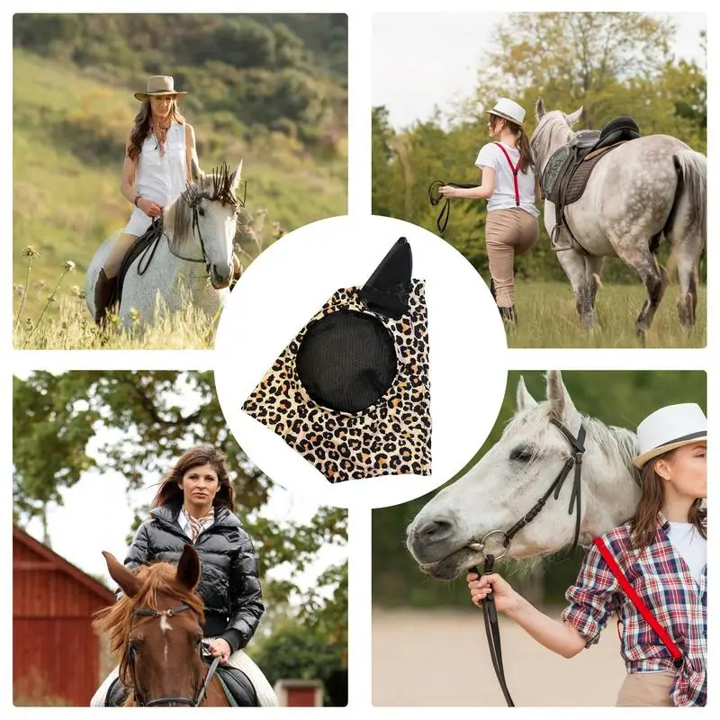 Cubierta para la cara con mosca de caballo, patrón con estampado de leopardo, suministros ecuestres, cómoda, transpirable, antimosquitos, producto para el cuidado de los caballos